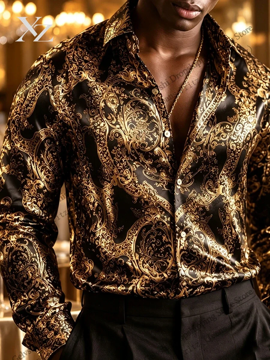 Mens Luxe Baroque Long Sleeve Shirt Golden Scroll 3d Print Shirt Men Fashion Comfortable Single-breasted Blouse Men clothing 5xl