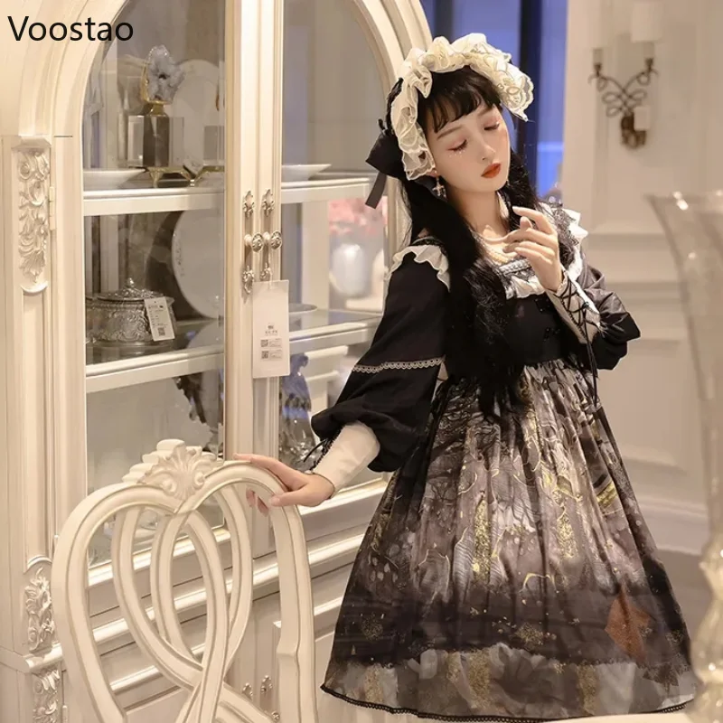 Japanse gothic lolita prinsessenjurk vrouwen vintage victorian dark forest party jurken meisjes harajuku elegante jurk met lange mouwen