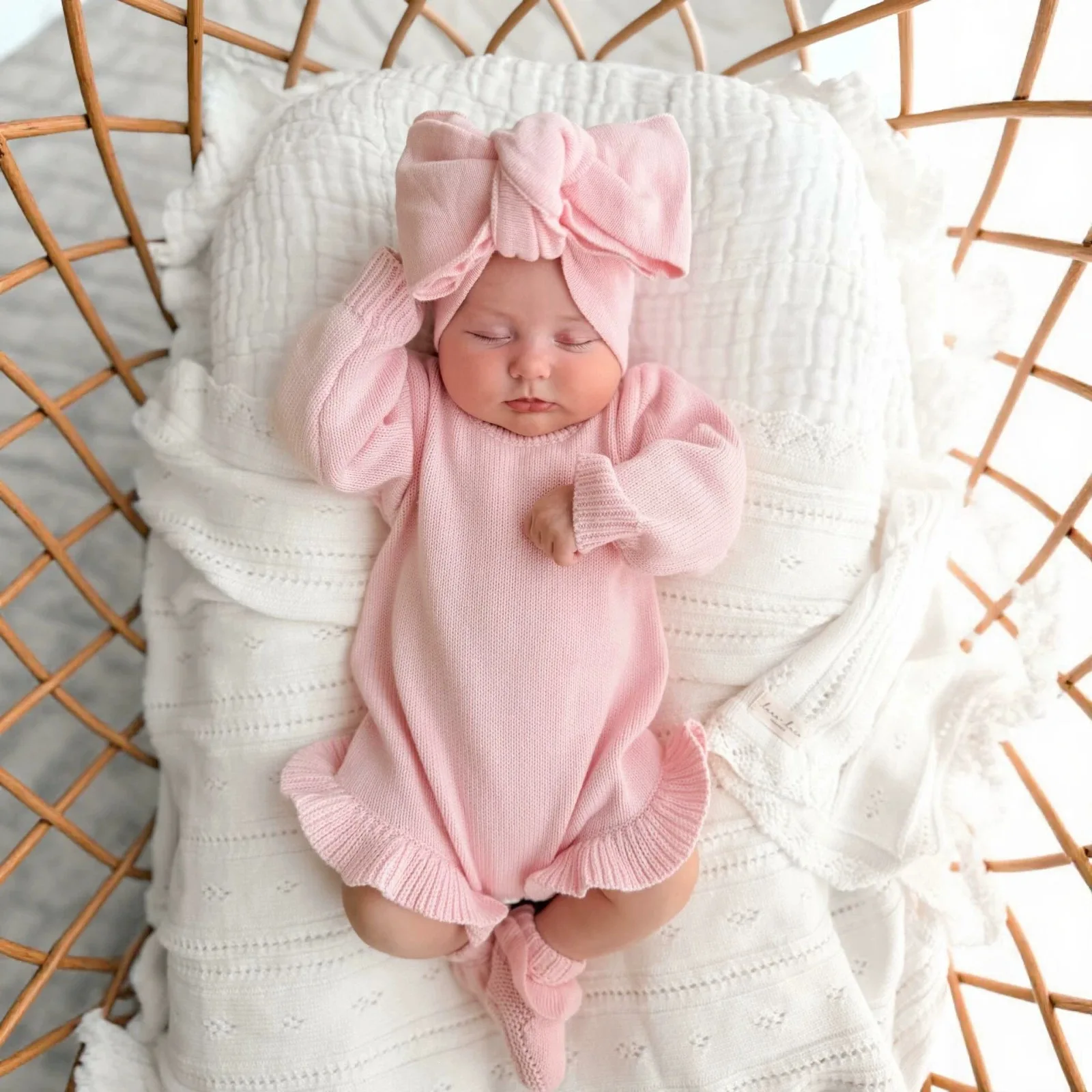 2026 Autumn New Baby Girl Long Sleeve Knit Bodysuit + Headband 2pcs Set Newborn Cotton Knit Sweater Infant Girl Solid Jumpsuit