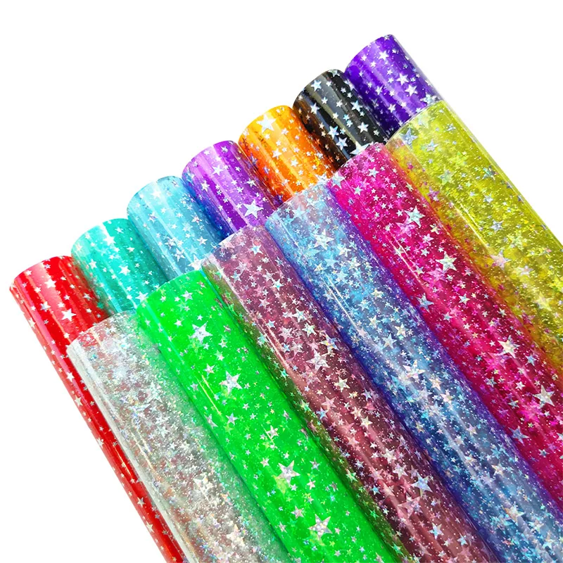 Ranbow Star Jelly Clear PVC Fabric Faux Leather Vinyl Film for Sewing Bag Bow Earrings DIY Material 0.3MM Leatherette 30*135CM