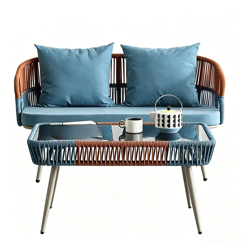 Balcony leisure braided sofa chair combination small apartment household double sofa terrace courtyard rope braided table