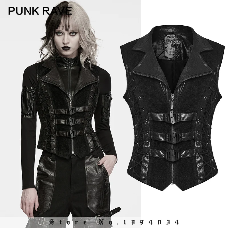 PUNK RAVE Women's Punk Functional Plush Vest Enhancing Warmth Full Zipper Functional Buckle Loops Retro Party Top Fall Winter