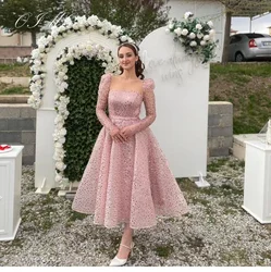 OIMG Customized Square Collar Prom Dresses Saudi Arabic Women T-Length Sequined Evening Gowns Occasion Formal Party Dress