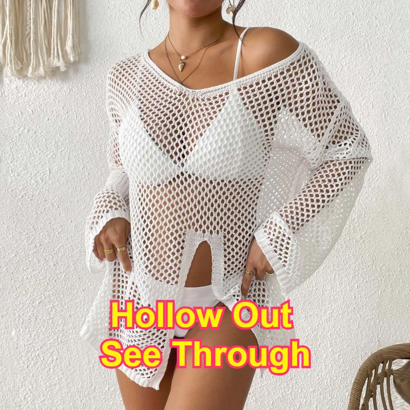 Women's Hollow Out Exercise Jackets Summer Breathable Mesh Shirts See Through Tops Sheer Layered Beach Style Side Split Cover Up
