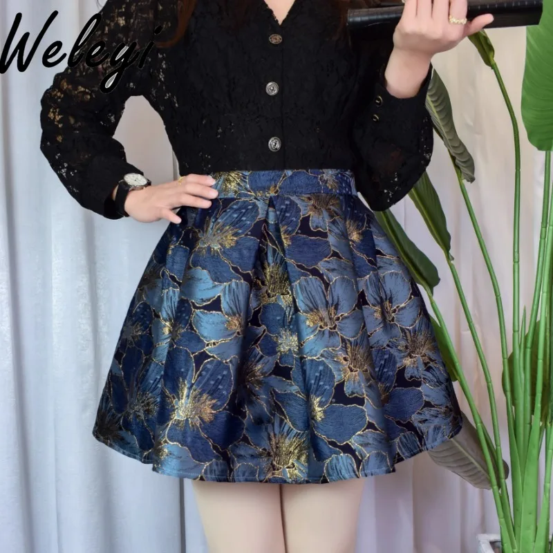 Phnom Penh Blue Jacquard Puffy Skirt Woman Spring Summer New Korean Retro Woman's Thin A-line High Waist Pleated Short Skirts