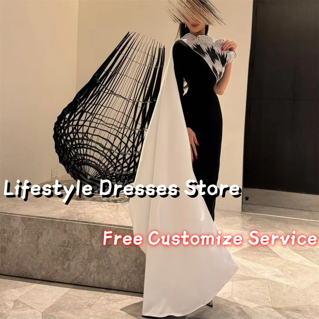 Customized One Shoulder Shiny Beads Long Sleeve Evening Dresses Slim Fit Cape Black Ivory Prom Dresses Wedding Formal Party Gown