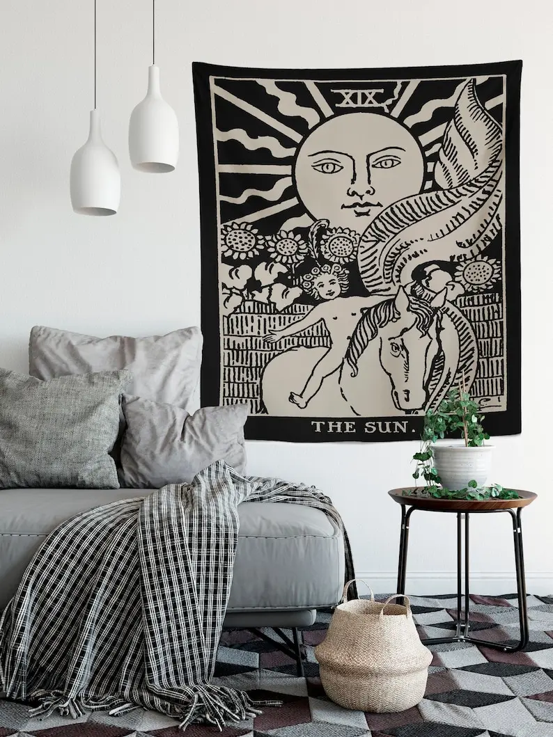 The Sun Tarot Card Tapestry - Rider Waite deck - The Sun Black Tapestry