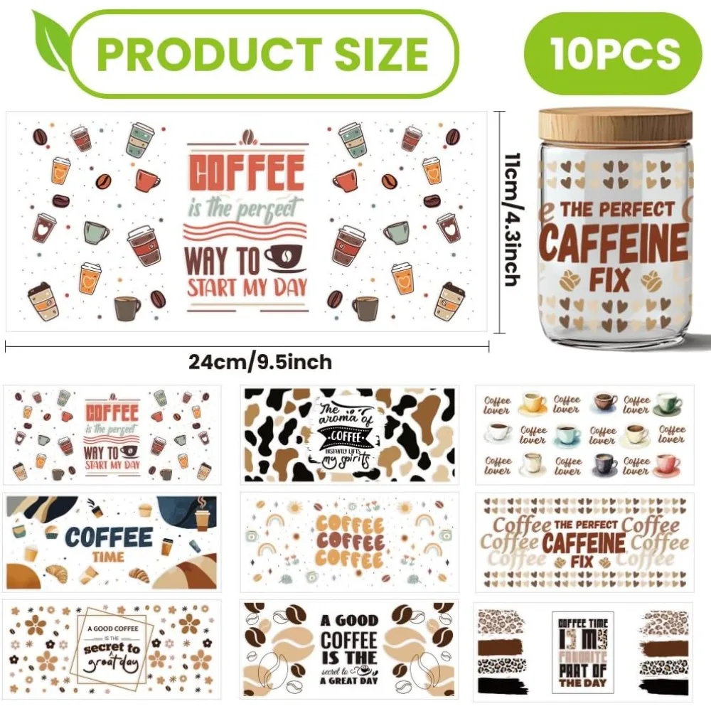 10 Sheets UV DTF Cup Wrap 10 Styles Coffee Theme Desserts Coffee Lover Rub on Transfers PVC Transfer Stickers Waterproof