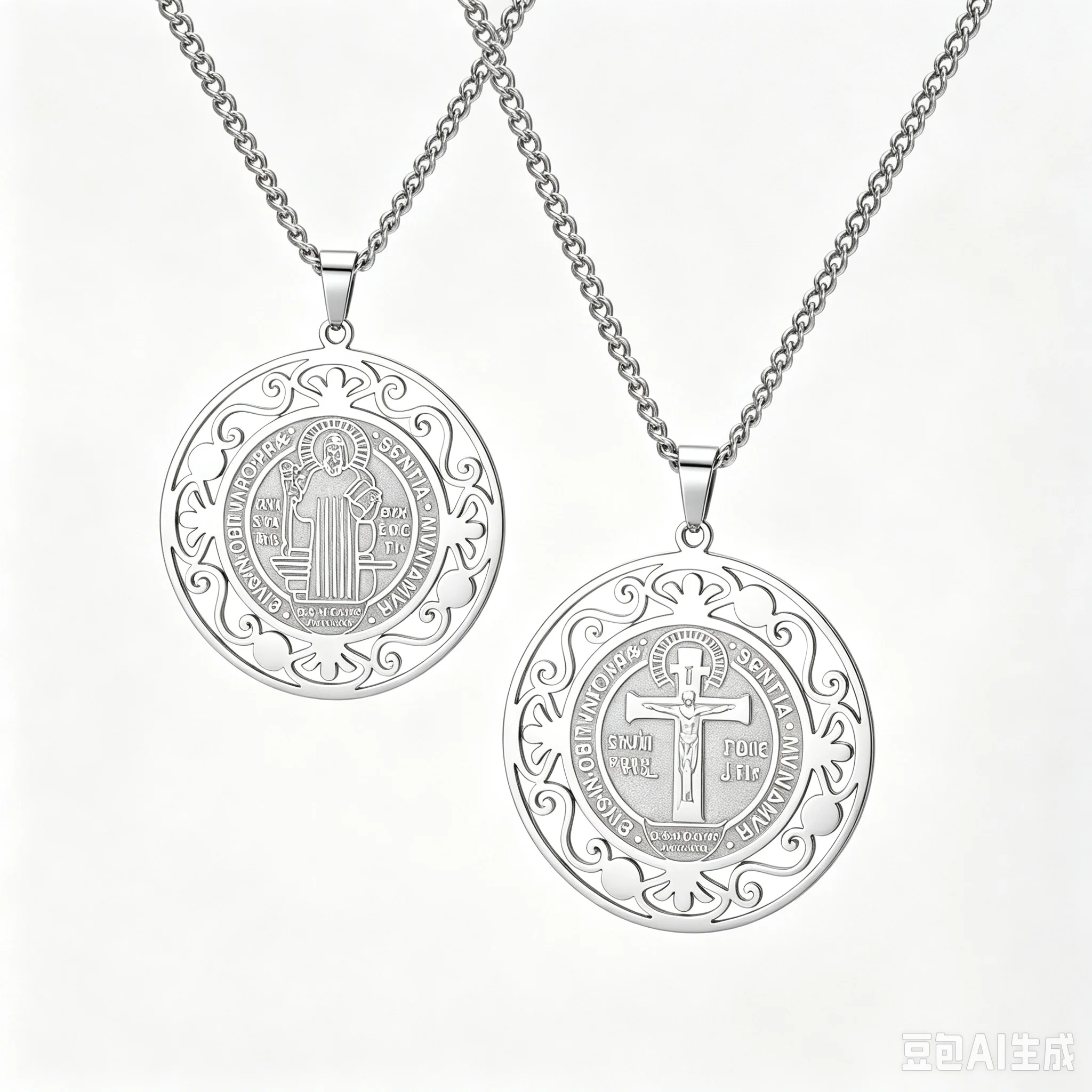 Catholic Saint Benedict Pendant Necklace Vintage Openwork St.Benedict Protective Amulet Necklace Stainless Steel Faith Jewelry