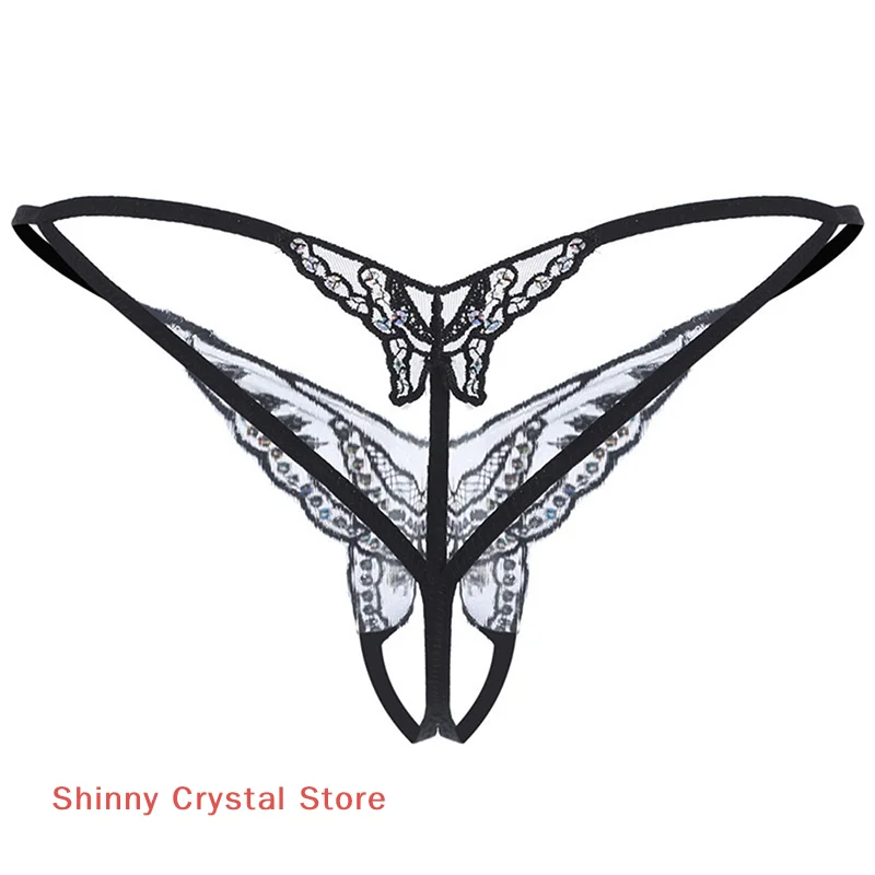 

New Sexy Lingerie Womens Panties Lace Sequins Embroidery Open Crotch Briefs Thong Transparent T Pants Underwear Ladies Pantys