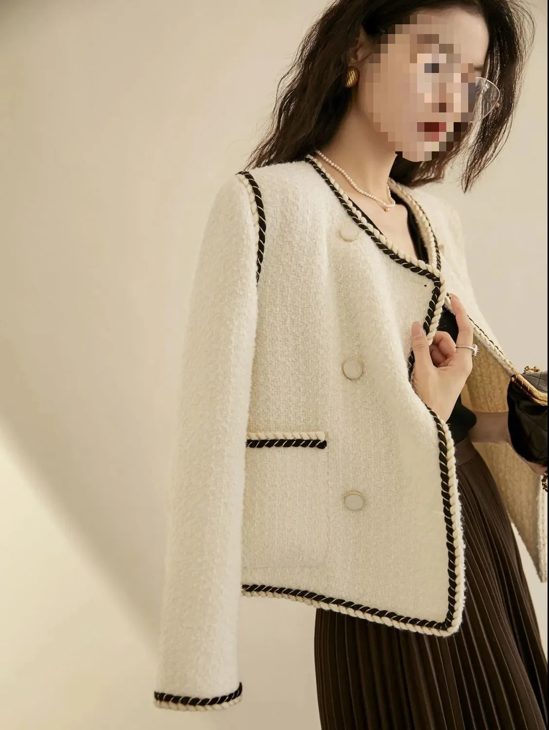 

Tweed Jacket Fringe Womens Spring Lady Minimalist Beading Placket Botton Single-Breasted Lace-Up Graceful Temperament Panelled