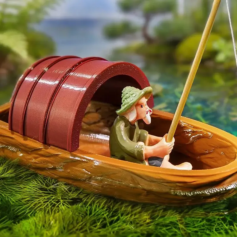 Nuevo Set de Decoración para Peceras y Estanques, Barco Flotante Hecho a Mano, Miniatura de Pescador, Accesorios para Acuarios