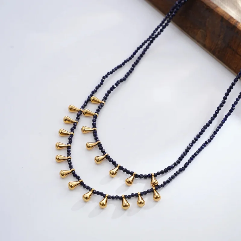 Litheline 24K Gold Plated Brass Double-Layer Black Bead Necklace, Anti-Tarnish Everyday Bold Modern Jewelry view 4