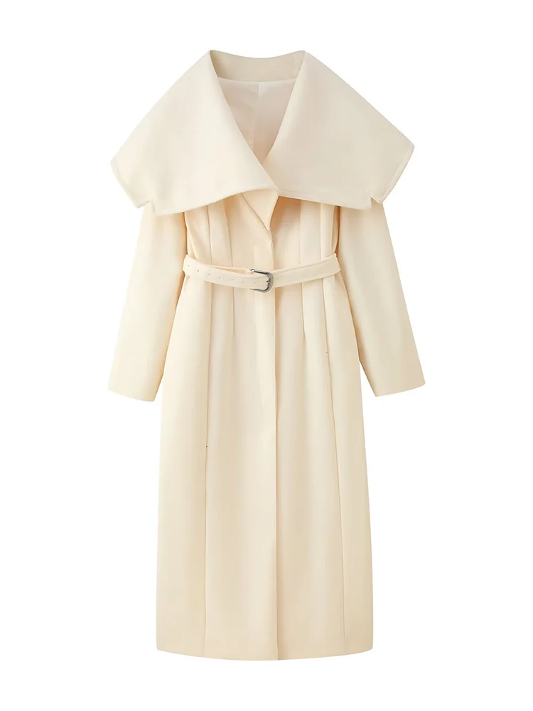 

European style new women's fashion versatile temperament loose casual with belt large lapel long woolen coat