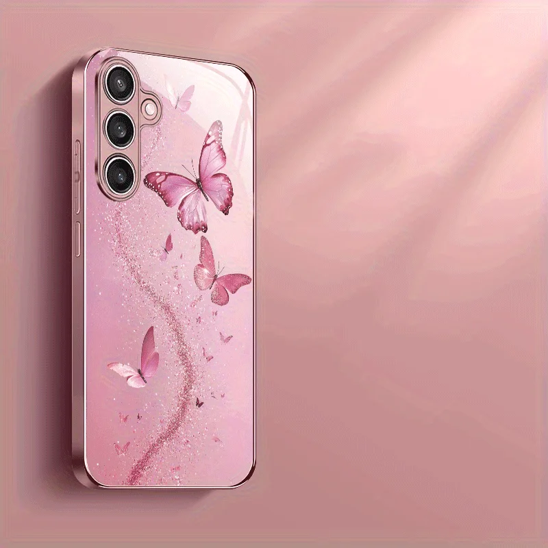 Glitter Butterfly Design Phone Case for Samsung Galaxy S26 S25 S24 S23 S22 S21FE Ultra Plus Electroplated Glass Hard TPU Shell
