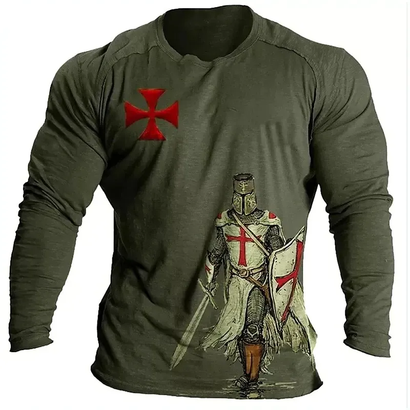 Templar Knight  Print Retro Fashion Casual Men\'s Round Neck Long Sleeve Street Hip Hop Extra Large Speed Drying Wearing T-shirt