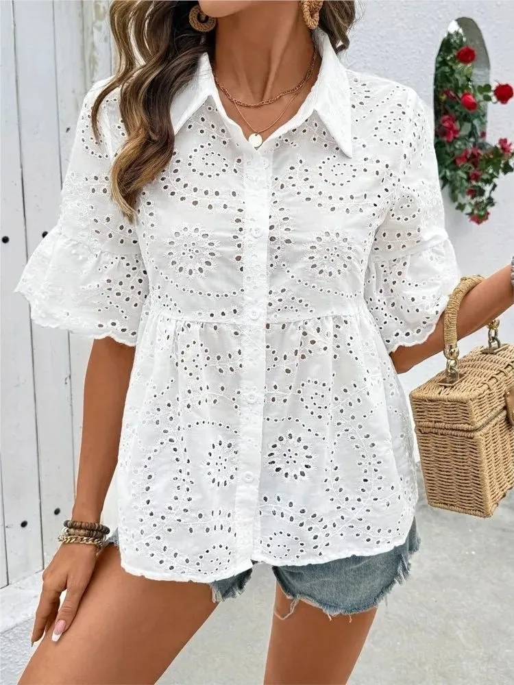 

Faionable White Lace Hook Flower Hollow irt Top for Women Ele Chinese Sle Hollow out Blouse Autumn Collection