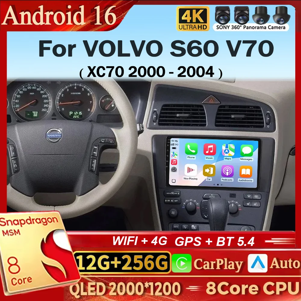 Radio para Auto Android 16 para VOLVO S60 V70 XC70 2000 - 2004, CarPlay, Android Auto, Reproductor Multimedia, GPS Inalámbrico, WIFI, 4G, 2din