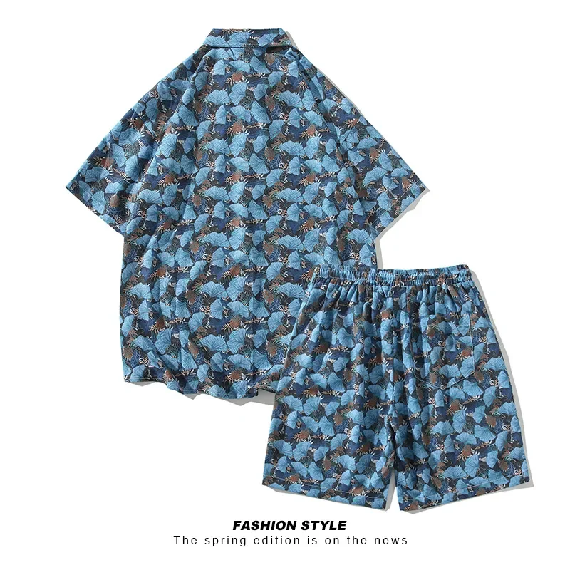 

Летний дышащий красивый повседневный костюм, мужская рубашка с короткими рукавами, свободные мужские шорты, комплект из двух предметов