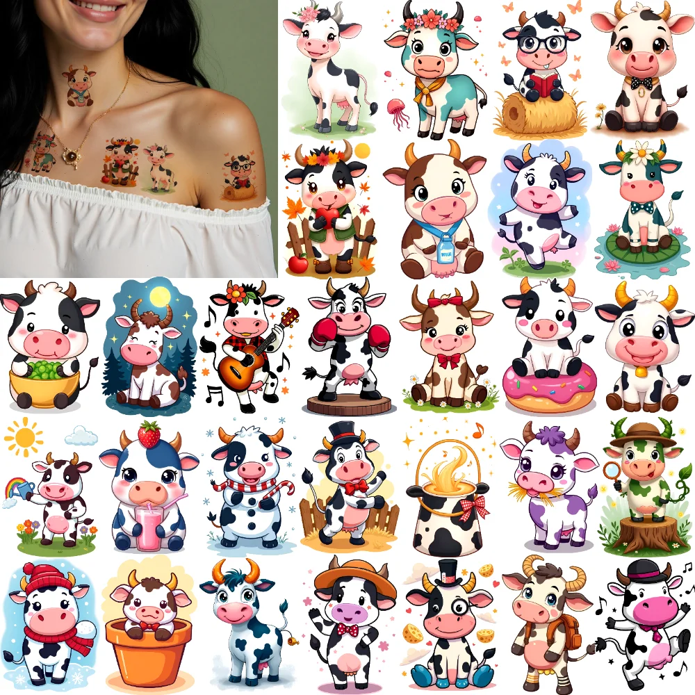 63pcs Temporary Tattoo Cute Animal Stickers Waterproof Long-lasting Body Stickers Cow Stickers For Men Cheeks