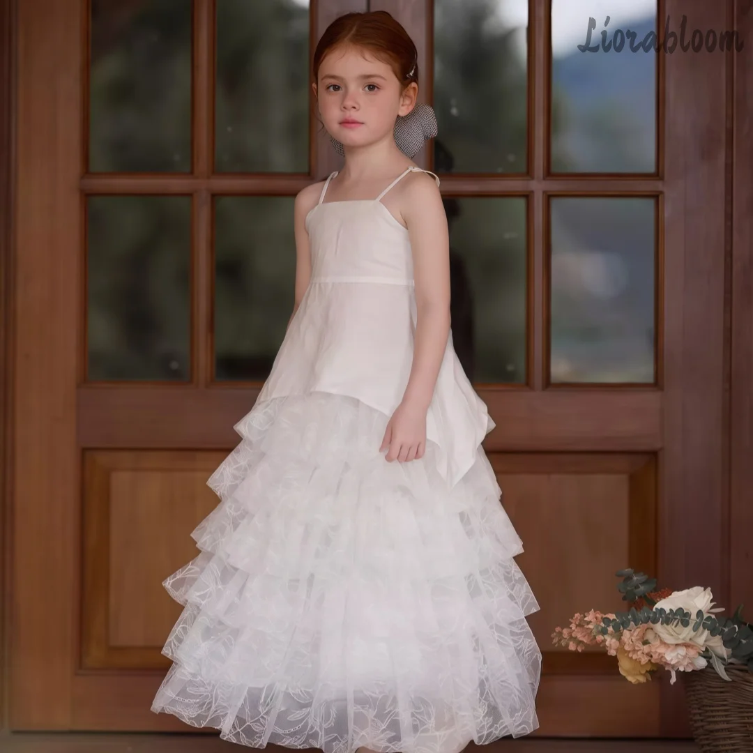 Vestido de niña blanco con tirantes, elegante y fresco, para boda, fiesta, noche, con volantes, ropa formal elegante, atuendo de boda