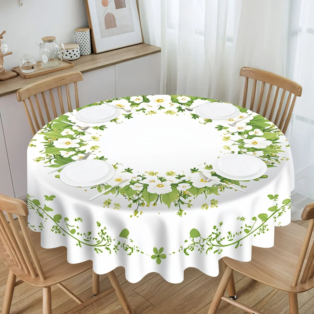 One green floral round tablecloth design, suitable for compact restaurant areas.