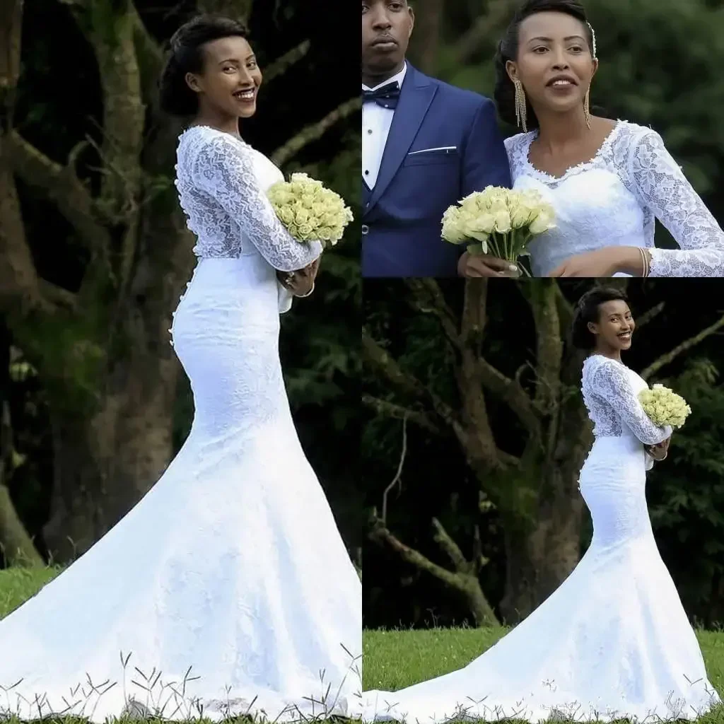 

Customized Long Sleeves Lace Mermaid Dresses Scoop Neck Ruched Sweep Train Wedding Bridal Gowns Robes De Mariée Buttons