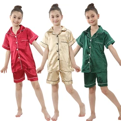 Boys Satin Pajamas for Teens Short Sleeve Toddler Girl Silk Pijama Set Green Champagne Gold Summer Children's Clothing Sleepwear