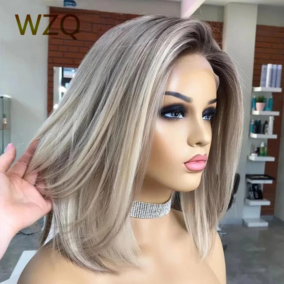 HD trasparente pizzo corto Bob evidenziare parrucche di capelli umani biondi cenere grigio marrone 13x4 parrucche frontali in pizzo per le donne taglio Bob dritto