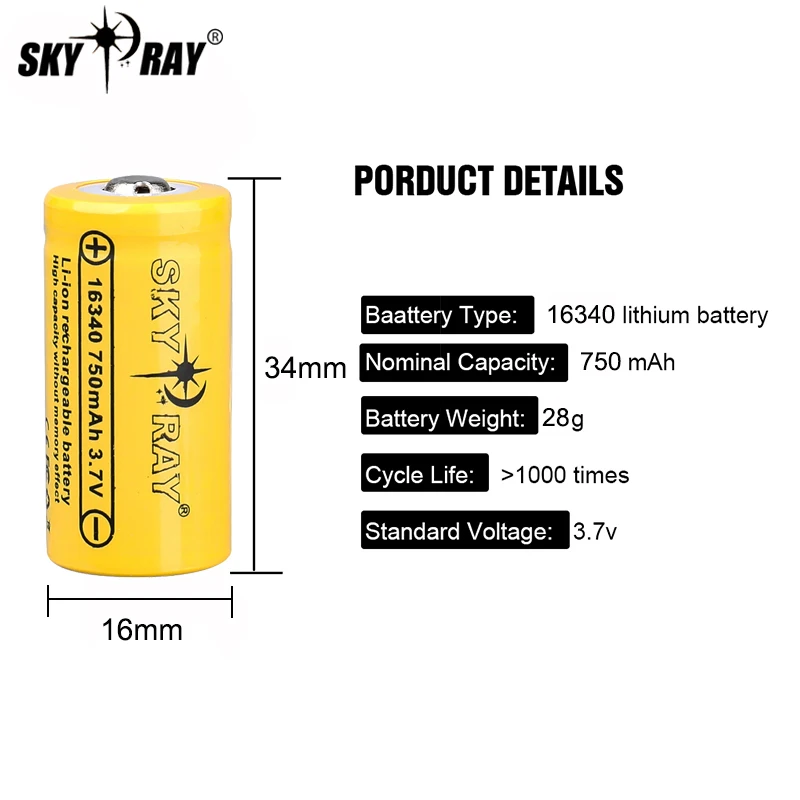 SKYRAY 100% Original 16340 Battery 3.7v Lithium 750mAh Li-ion Cells Rechargeable Batteries for Toys Torch Flashlight