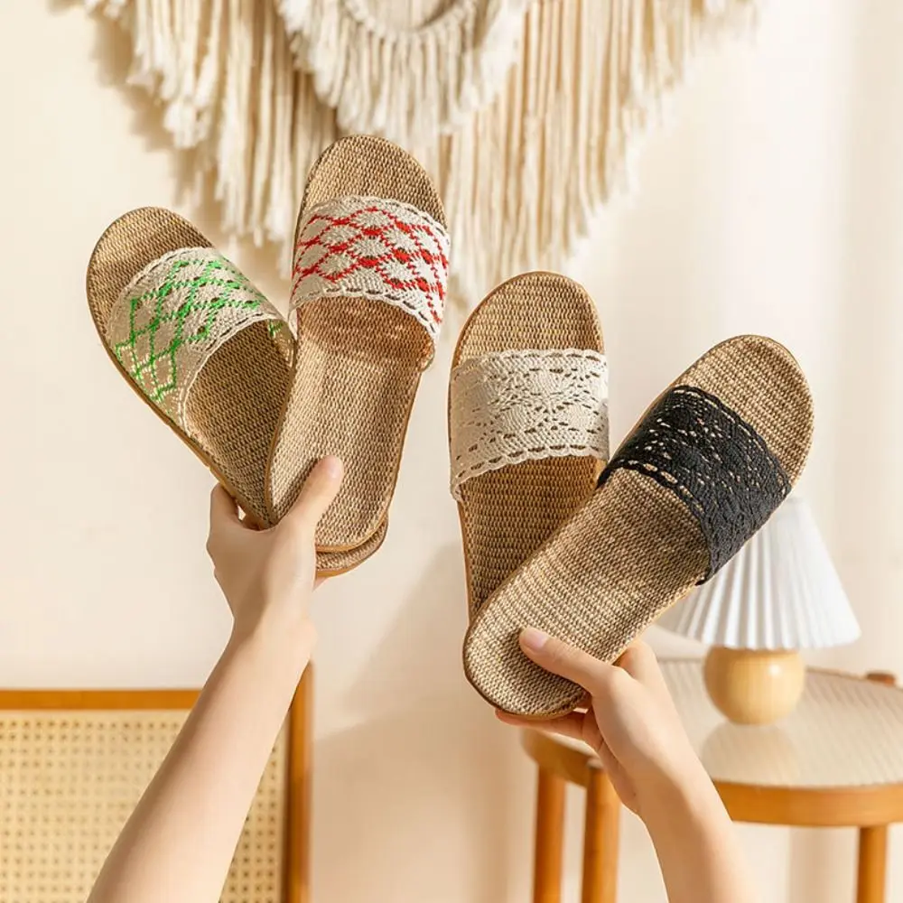 خليط شريط الكتان الدانتيل النعال الحلو الأحذية القش نسج النعال عدم الانزلاق عطلة نعال شاطئ للنساء الفتيات