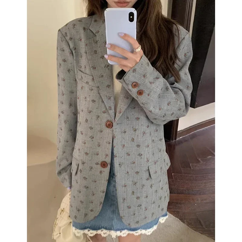 

Korean Autumn Vintage Floral Print Women Blazers Coat Loose Casual All Match Long Sleeved Single Breasted Blazers for Women