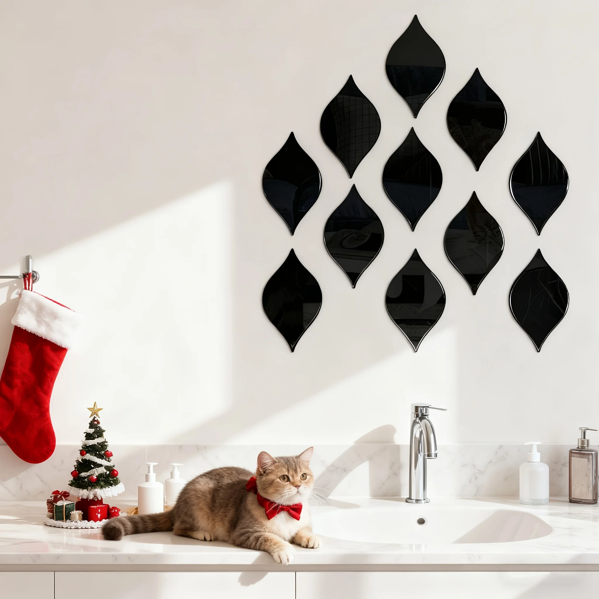 Fashionable Black Teardrop Mirror-Effect Acrylic Wall Stickers Removable 2D  Adhesive Backing  DIY Decor Home Office 20PCS Gift