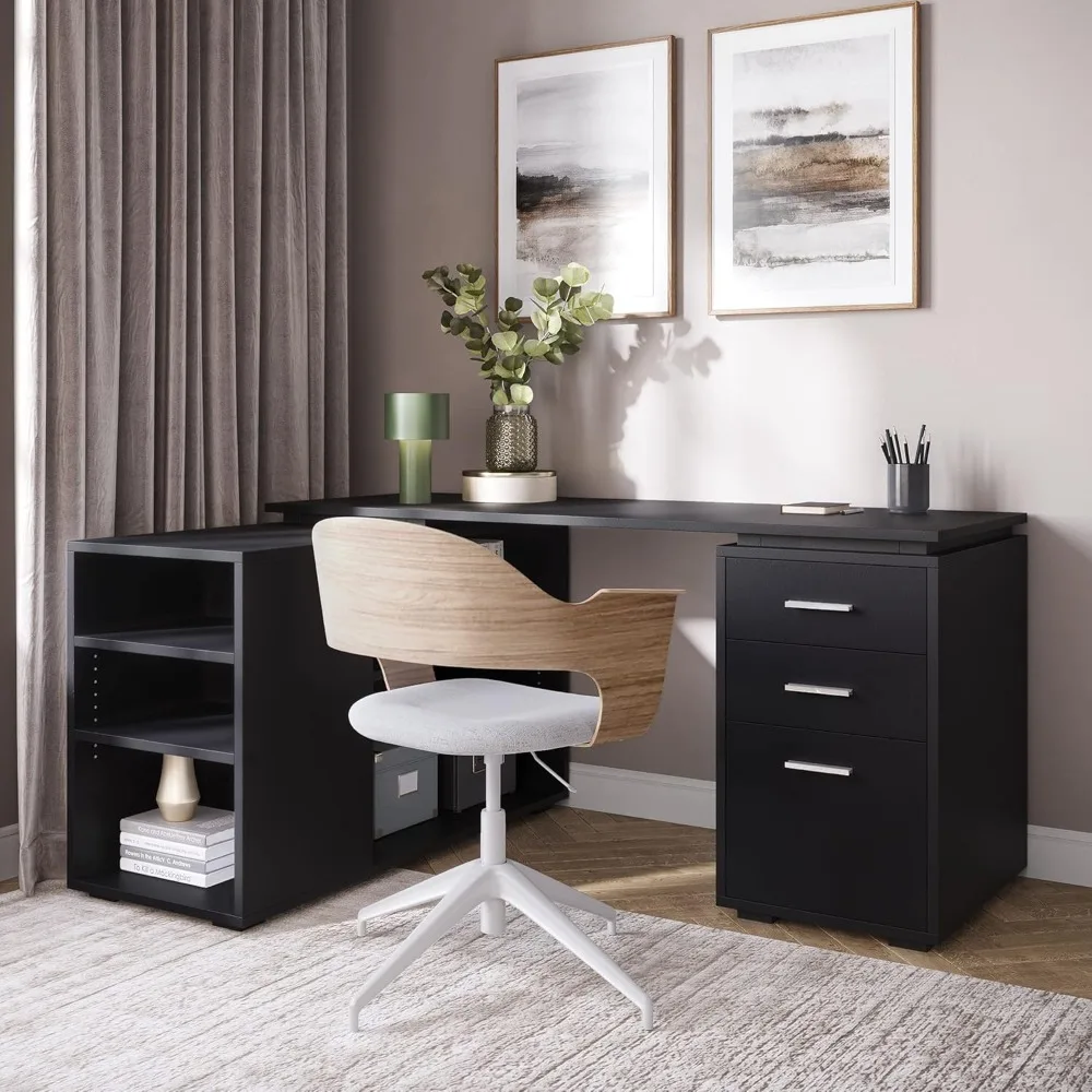 

L-shaped computer desk, study desk home desk corner workstation set, with adjustable storage shelves and 3 drawers