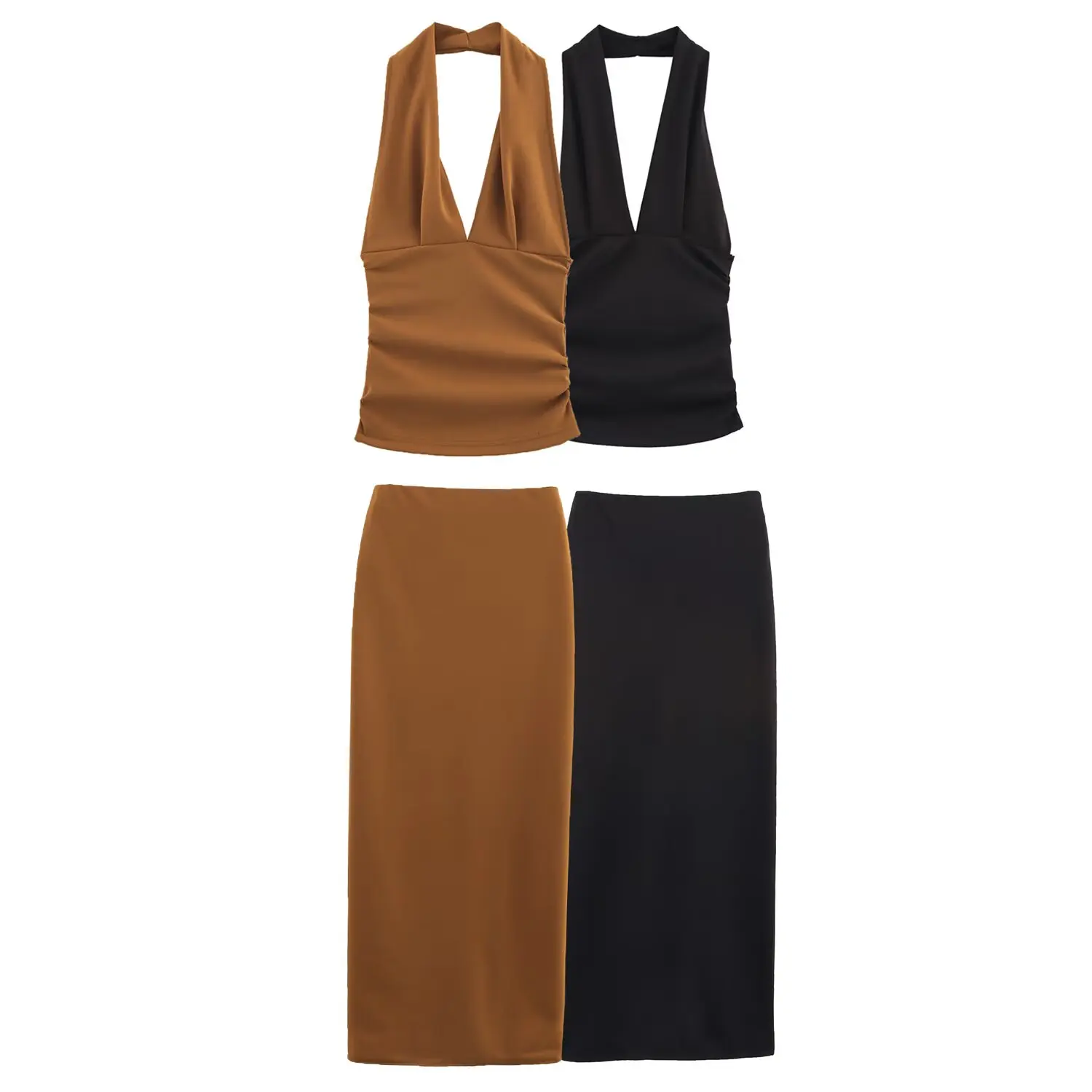 

Taop&Za2025 Women's Halter Neck Ruched Top and Straight Midi Skirt Set for Parties and Semi Formal Occasions