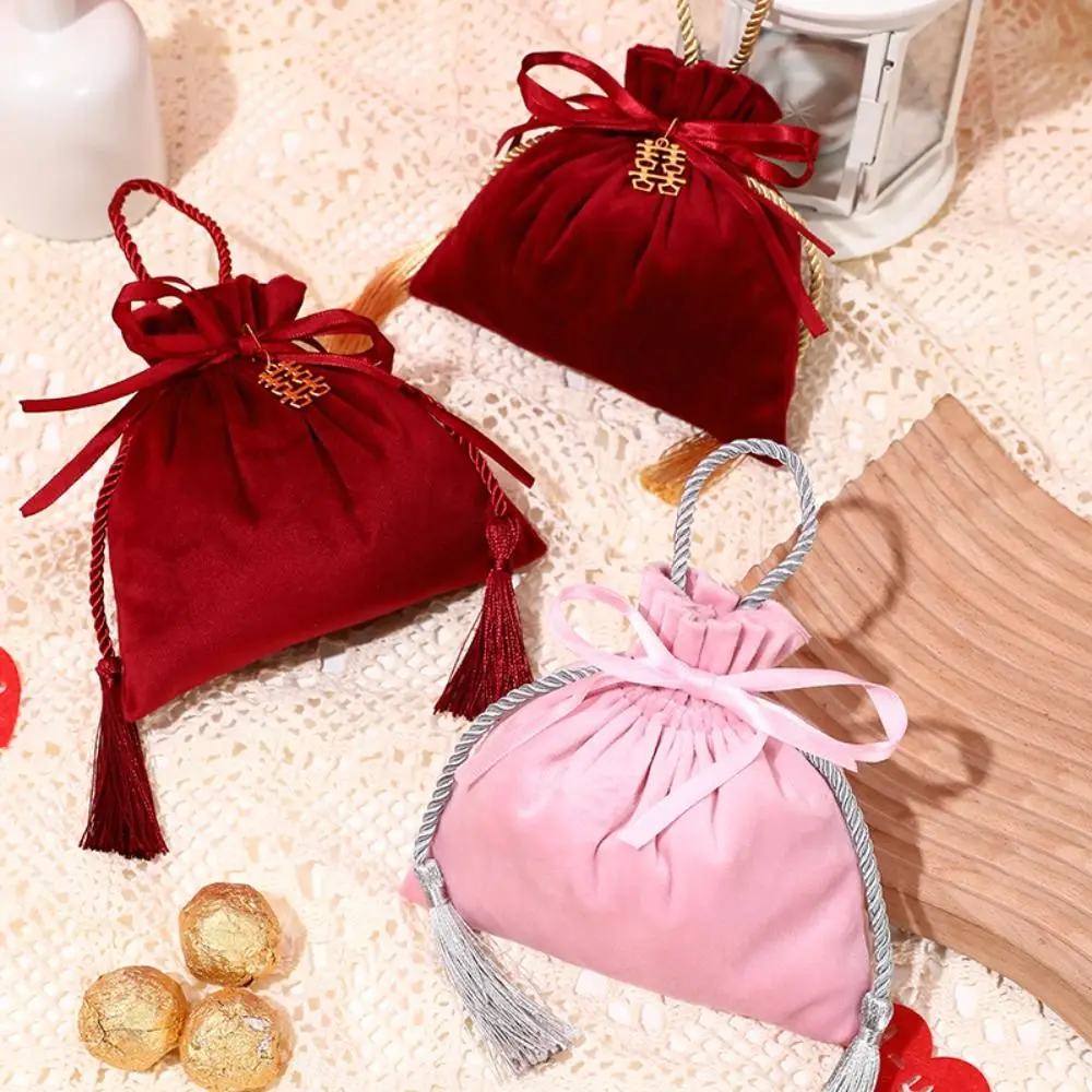 Jewelry Organizer Chinese Drawstring Candy Bag Traditional Tassel Flannel Gift Bag Wine Red Velvet Wedding Gift Bag Party