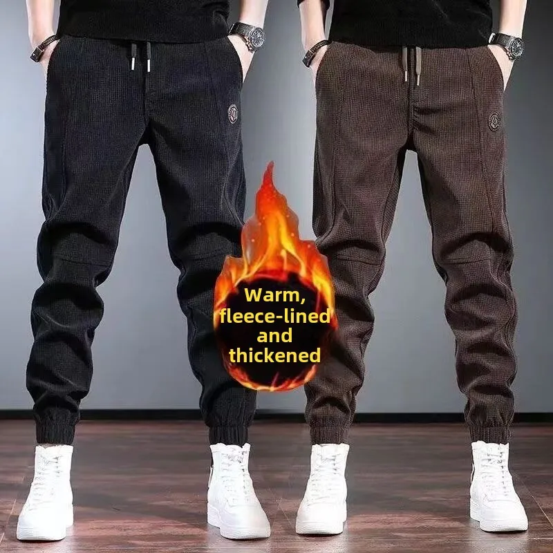 New Men's Thickened Corduroy Fleece Warm Casual Elastic Waist Cuffed Legs for Autumn Winter 2024 Loose Sweatpants Harem Pants