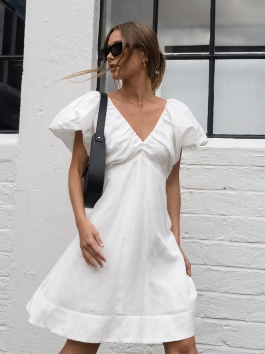 

Summer New White Midi Dress Women Sexy Fashion V Neck Puff Sleeve Bandage A-line Vestidos 2024 Casual Elegant Backless Dresses