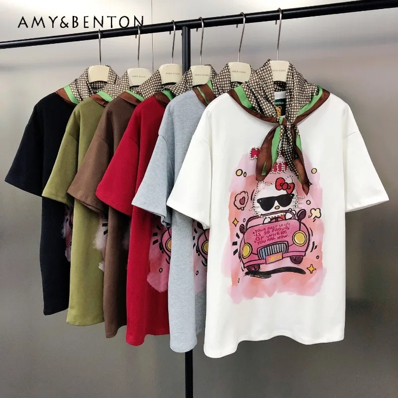 

Autumn New Korean Style Age-Reducing Scarf Matching Tshirt Fashion Beaded Cartoon Print Loose Retro Short Sleeved T-Shirt Female