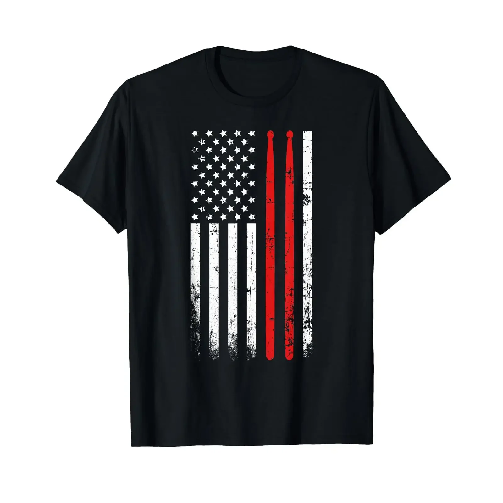 Drum Sticks on a Vintage American Flag T Shirt for Drummers vintage Washed Casual designer clothes Slightly Soft Comfortable