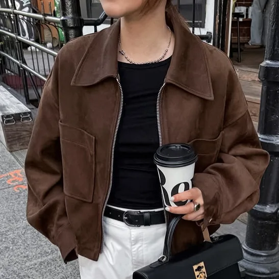 Faux Suede Zip Up Jacket Vintage Loose Fit Turn Down Collar Long Sleeve Pockets Solid Color Commute Winter Warm Outerwear Coat