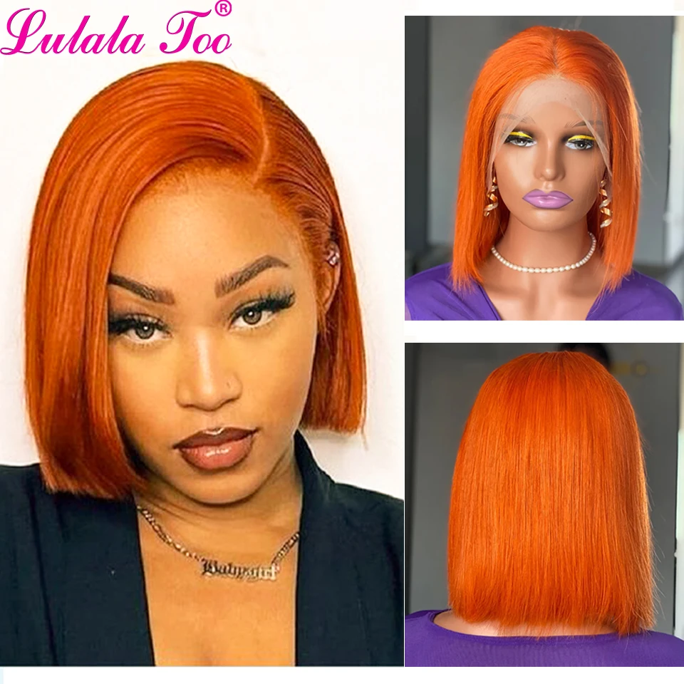 

Orange 13x4 Lace Front Wigs Straight Short Bob Human Hair Brazilian Pre Plucked Remy Hair Ginger Transparent Lace Frontal Wig