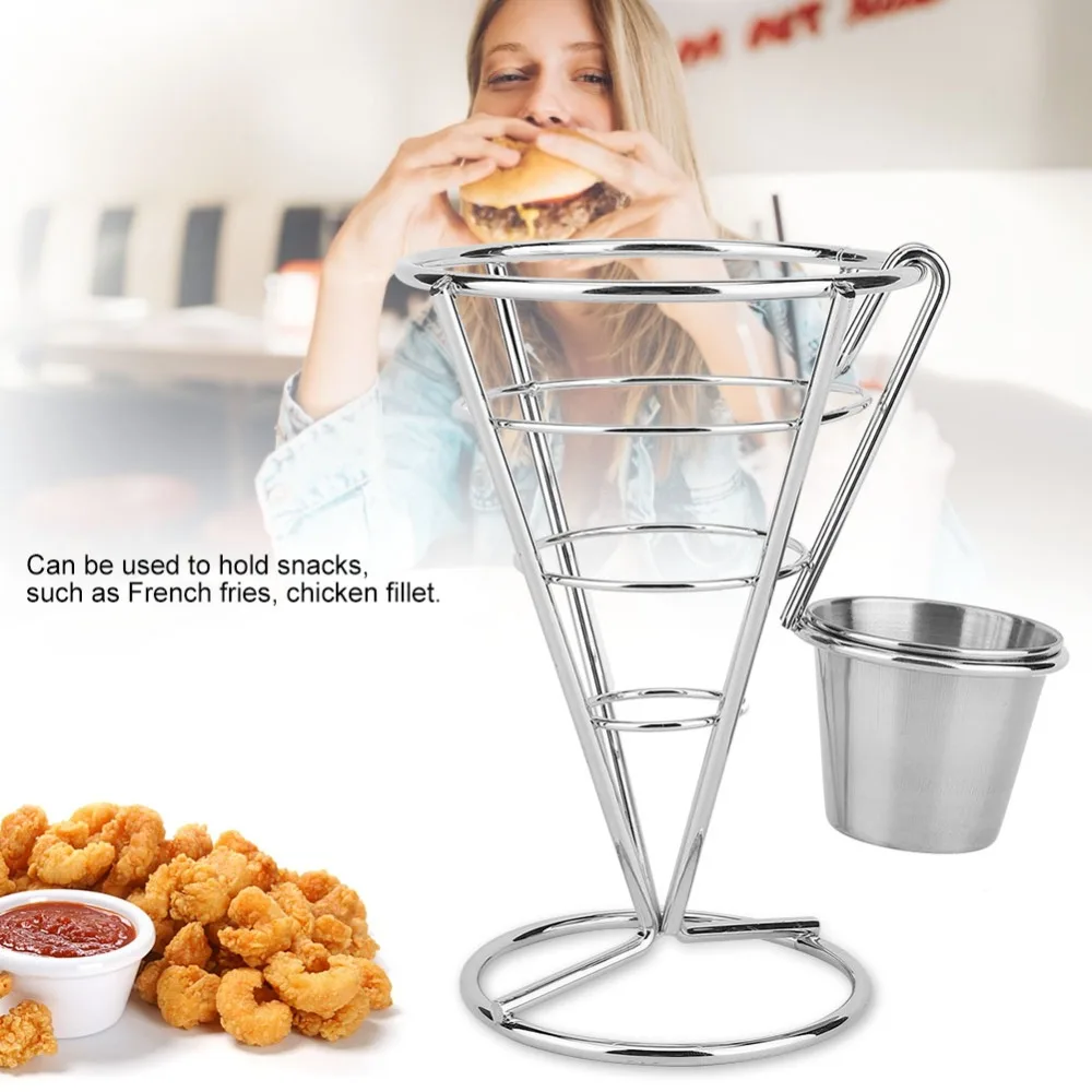 Durable Iron French Fry Cone Holder Sliver with Sauce Cup Fries Display Stand Convenient Study Fries Baskets Home Restaurant
