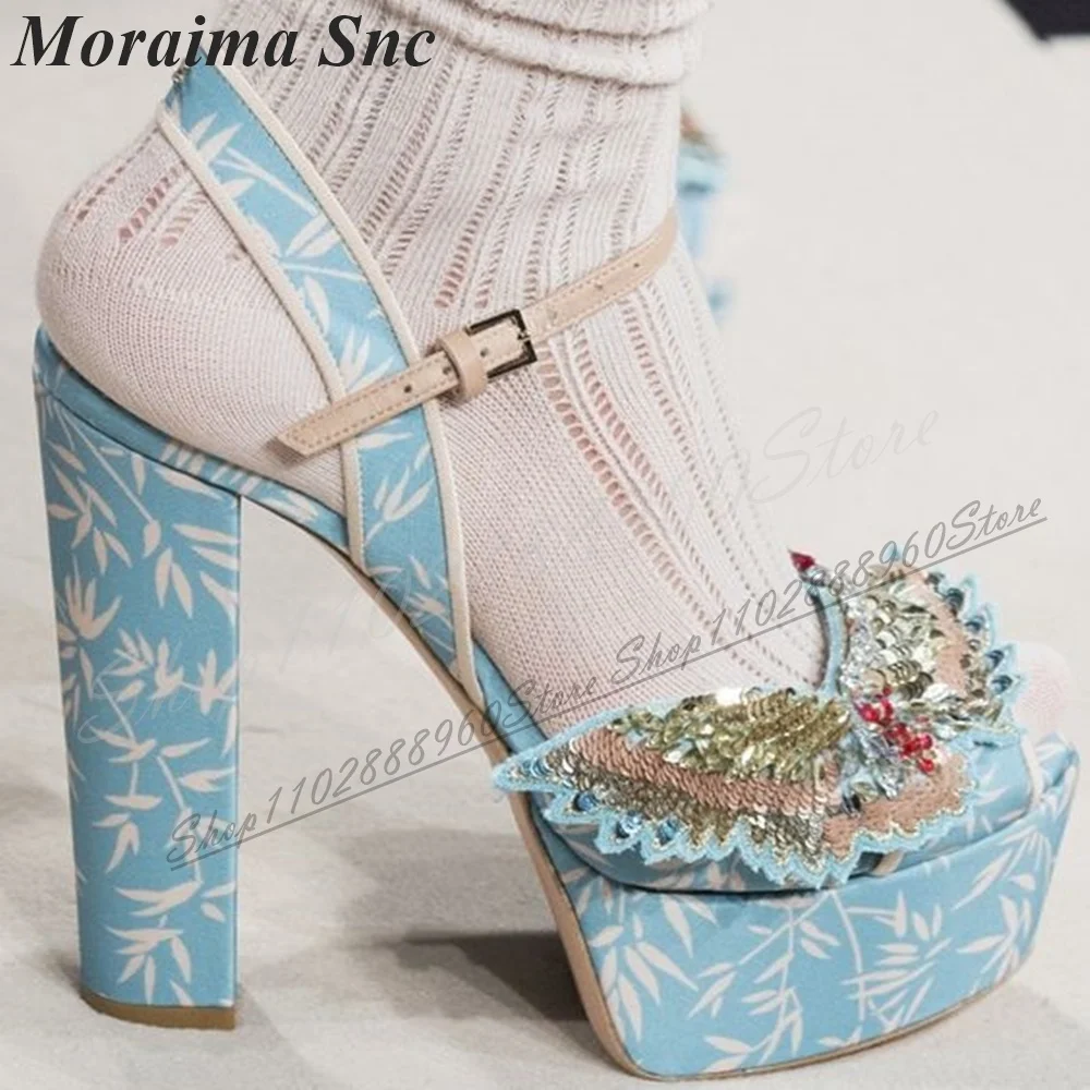 

Catwalk Blue Platform Sequins Decor Sandals Chunky High Heel Women Shoes Ankle Buckle Strap Peep Toe 2025 Zapatos Para Mujere