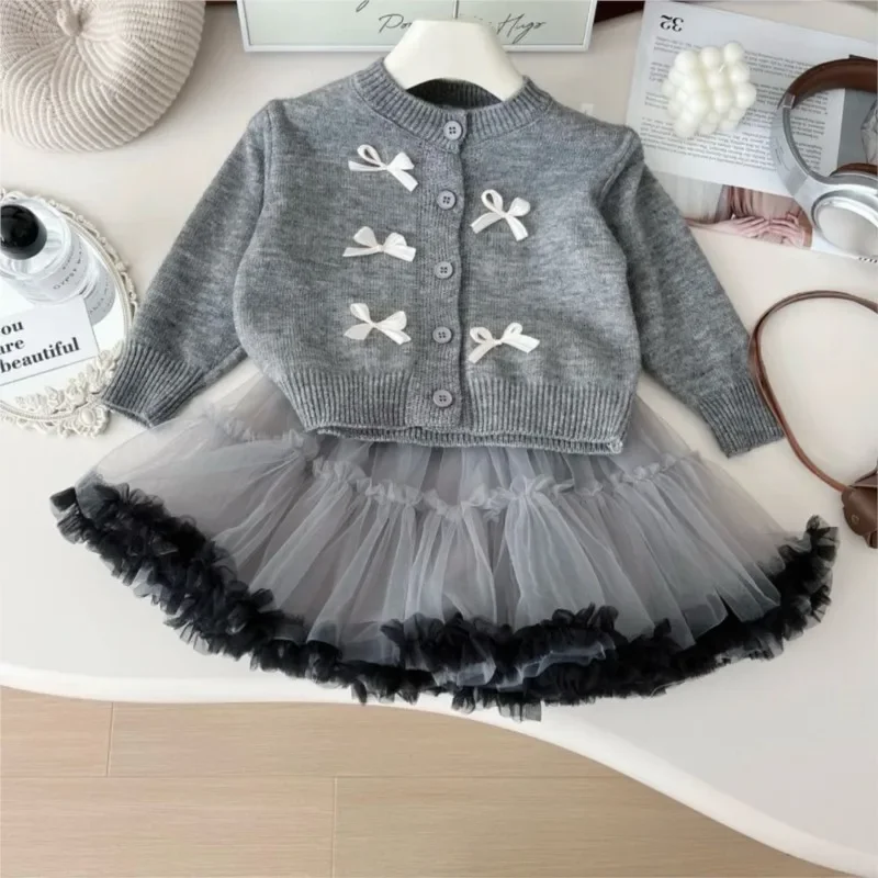 

Baby Girl Princess Clothes Set Bow Knitted Cardigan+Tutu Skirt 2PCS Infant Toddler Child Warm Winter Suit Baby Clothes 18M-10Y