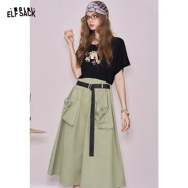 ELFSACK 2025夏新作 Y2Kテックウェア ユーティリティドレス グラフィックプリント カラーブロック Tシャツワンピース レディース