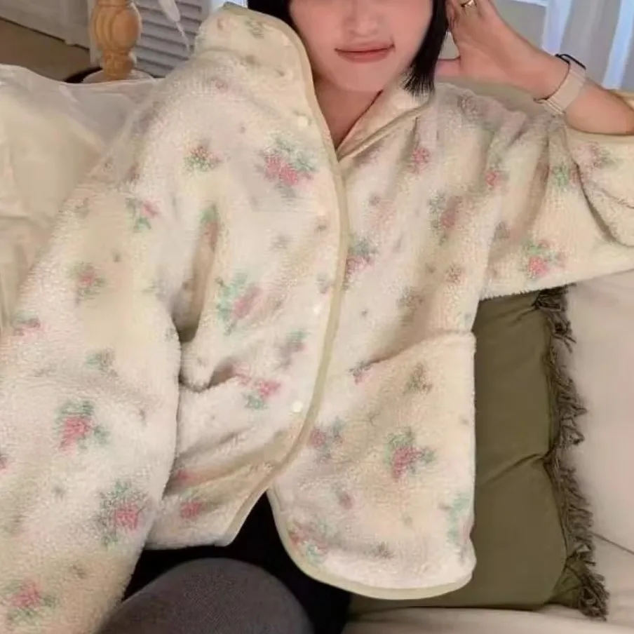 سترة نسائية أنيقة للخريف والشتاء بطباعة زهور، قميص مخملي، جاكيت حلو ورقيق وأنيق متعدد الاستخدامات يمكن ارتداؤه على الوجهين