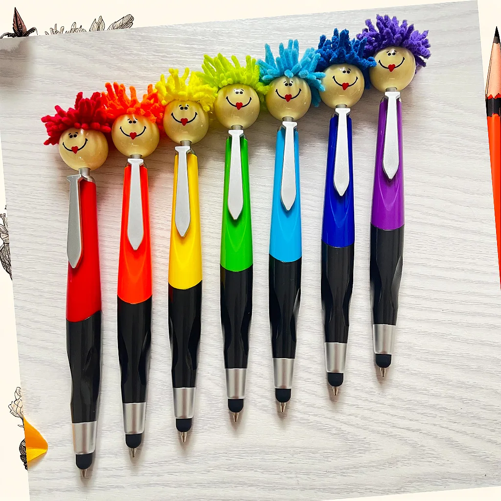 6PCS Cute Plush Doll Head Ballpoint Pen with Push Button Smiley Face Stylus Touch Gift Writing Pen