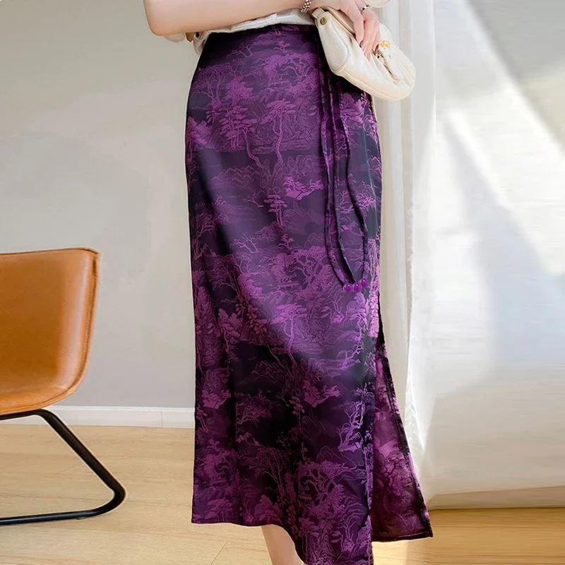 

Chinese Style Summer Vintage Women Maxi Skirt Side Slit Satin Skirts Cheongsam Jacquard Weave Bodycon Long Skirt Streetwear