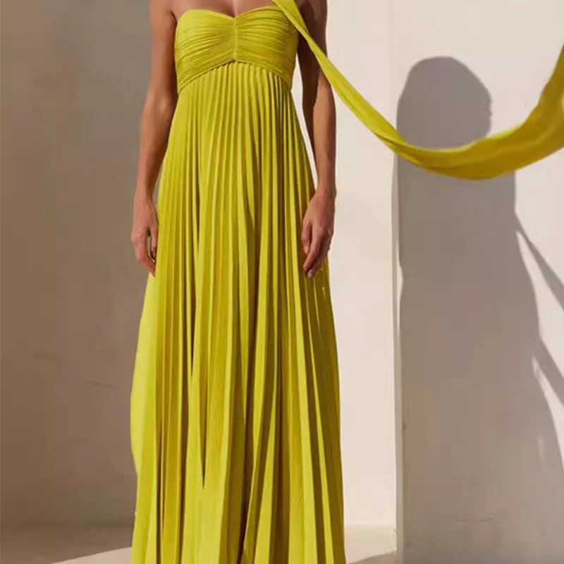 

Solid Color Strapless Ribbon Maxi Dress Women's Elegant Sleeveless Dackless Party Dress Women's Summer Sexy Ladies Evening Dress